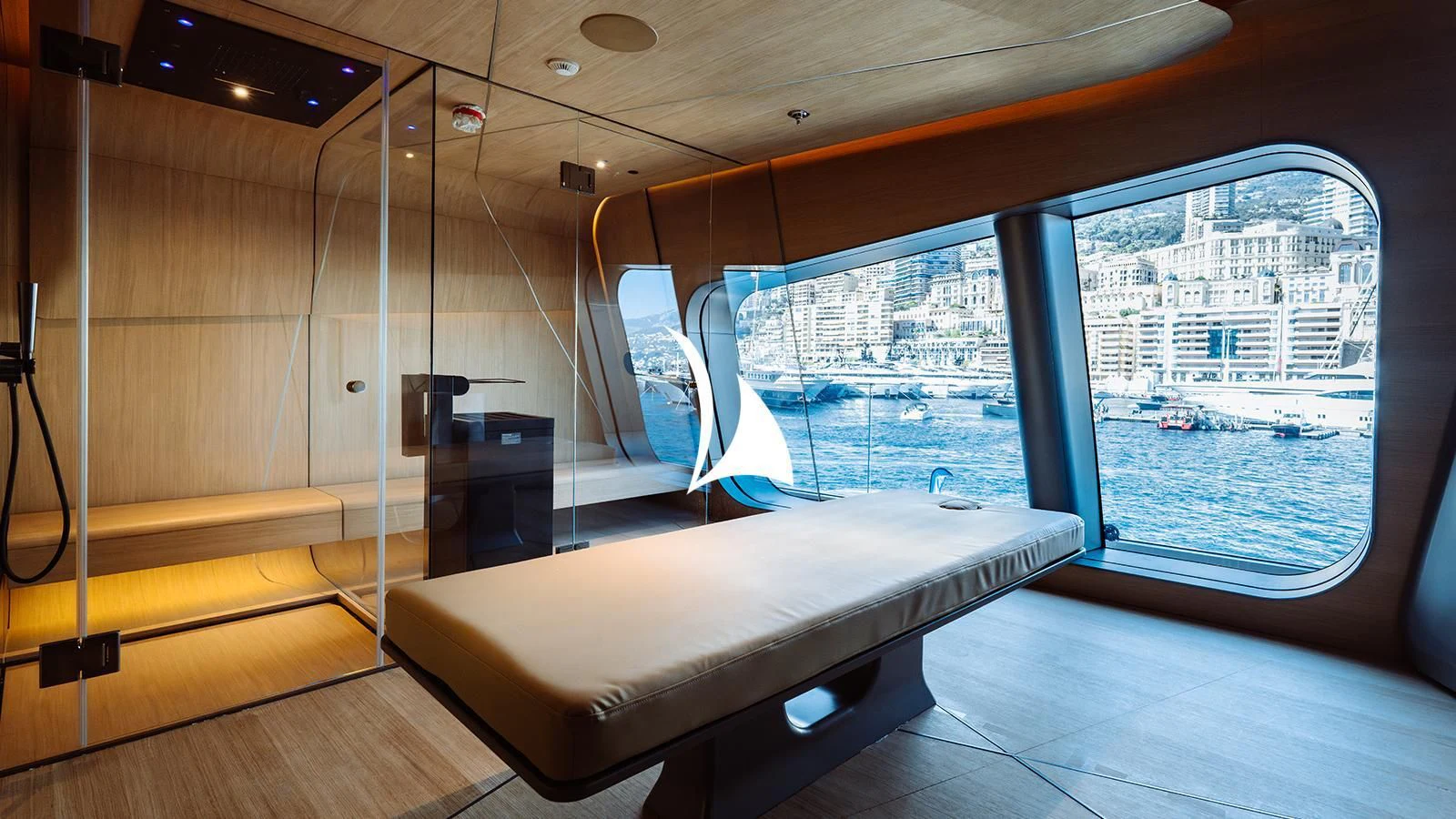 inside of a room with a bed and a large window aboard THIS IS IT I Yacht for Sale