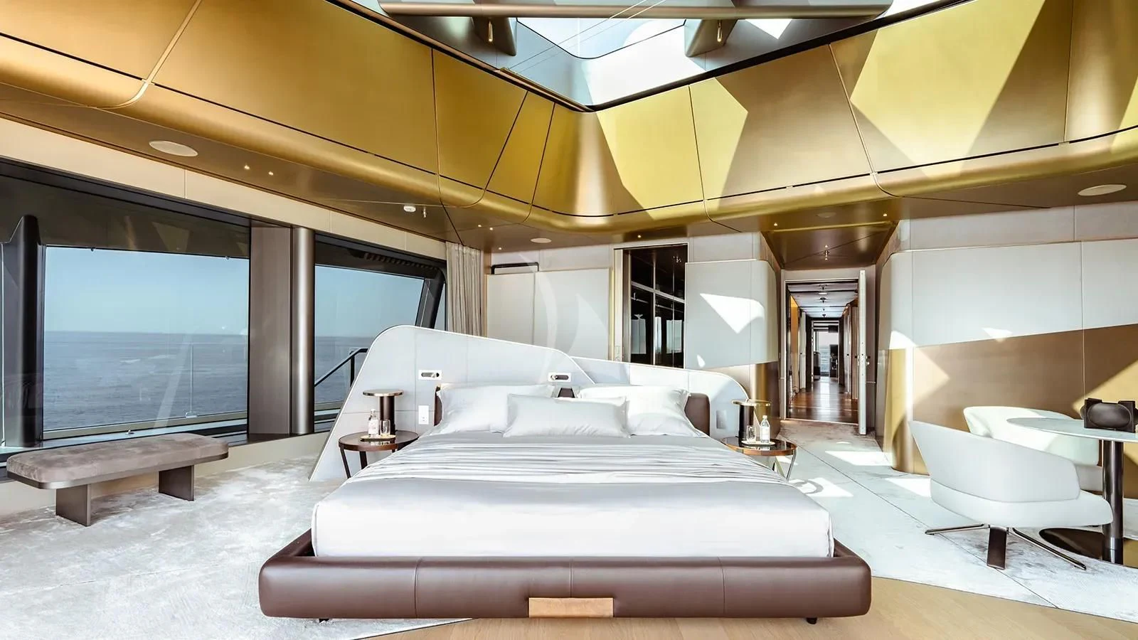 a room with a bed and a window aboard THIS IS IT I Yacht for Sale