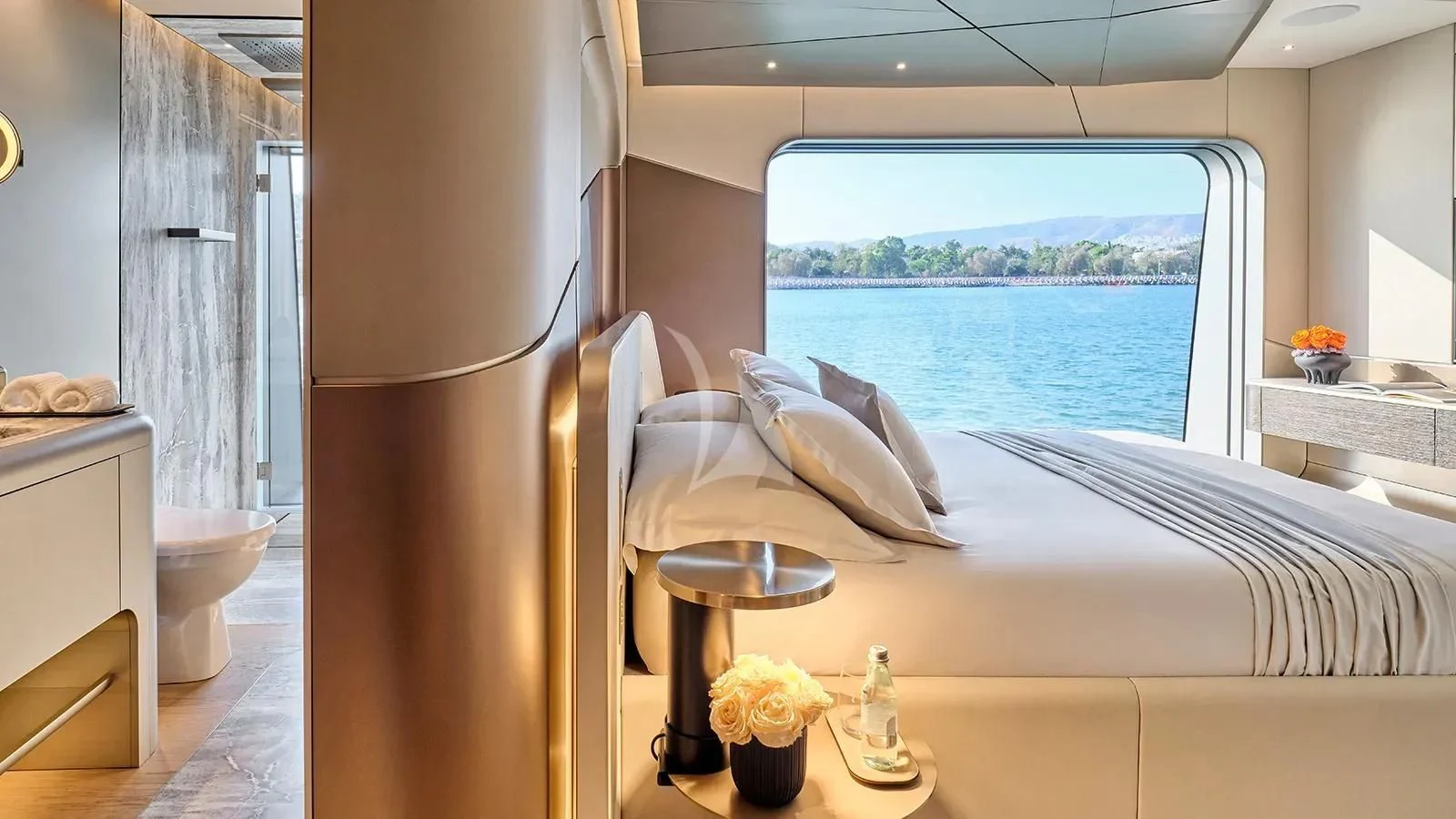 a room with a bed and a window aboard THIS IS IT I Yacht for Sale