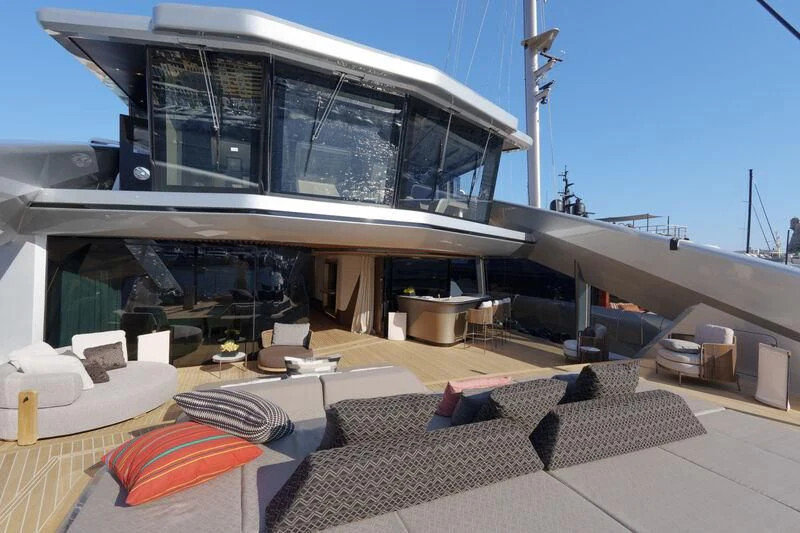 a large modern building with a large balcony aboard THIS IS IT I Yacht for Sale