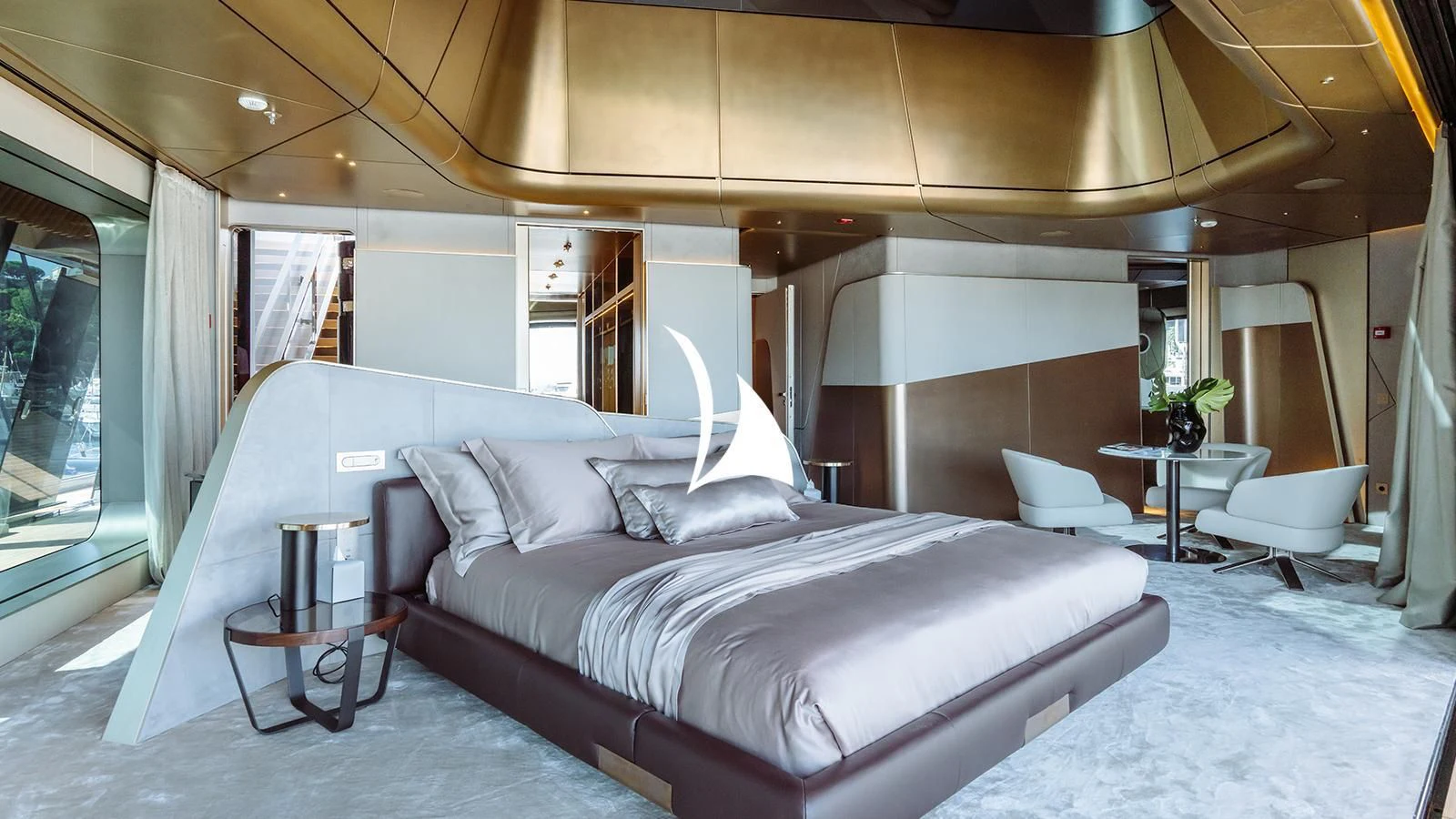 a large bed in a room aboard THIS IS IT I Yacht for Sale