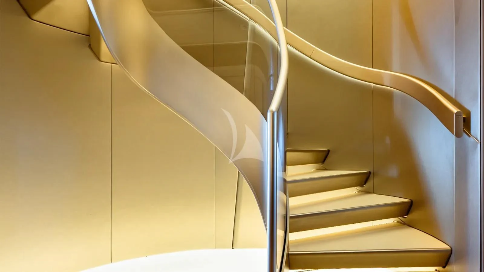 a white staircase with a metal railing aboard THIS IS IT I Yacht for Sale