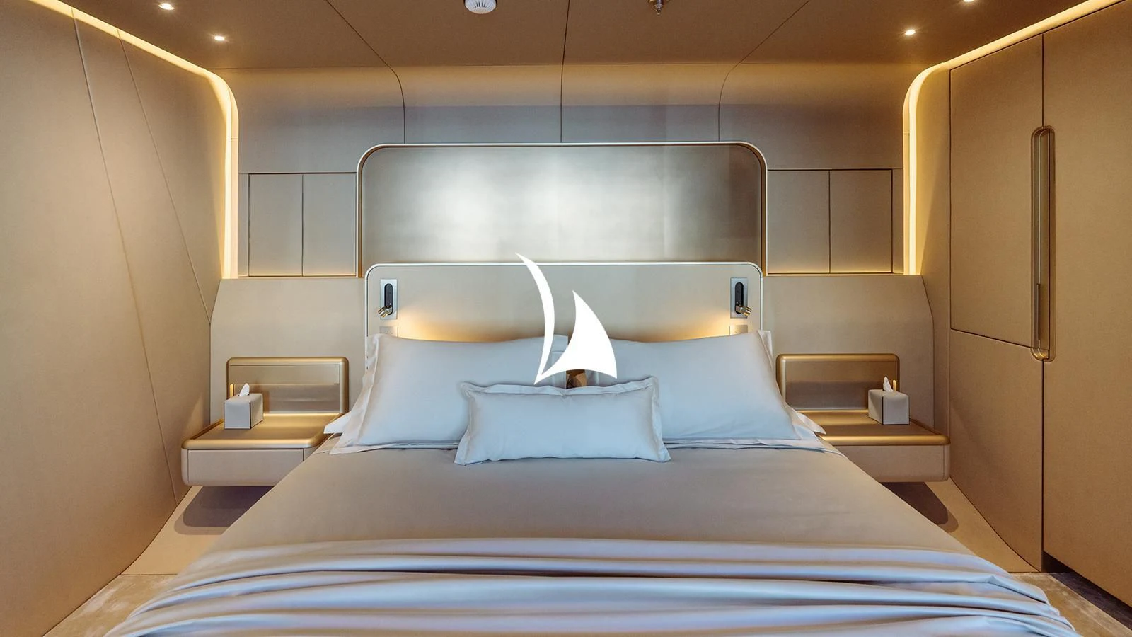 a bed with a blue sheet aboard THIS IS IT I Yacht for Sale