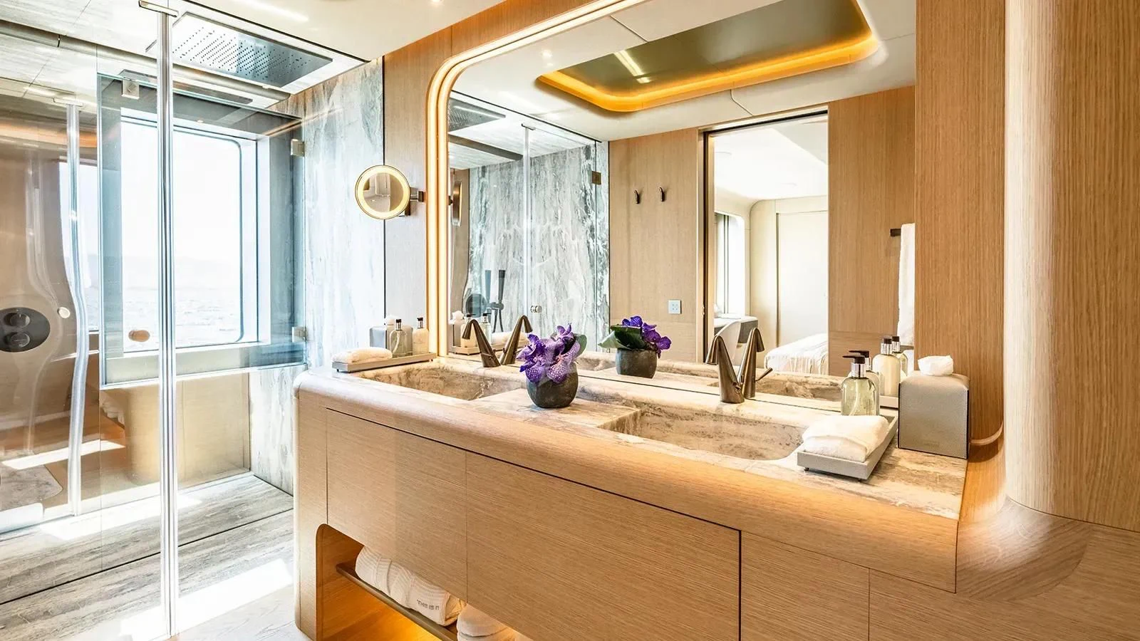 a bathroom with a large mirror aboard THIS IS IT I Yacht for Sale