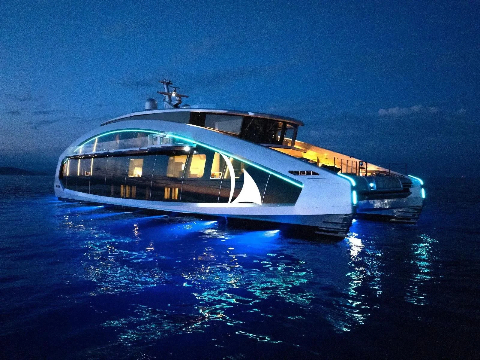 a futuristic looking boat in the water aboard THIS IS IT I Yacht for Sale