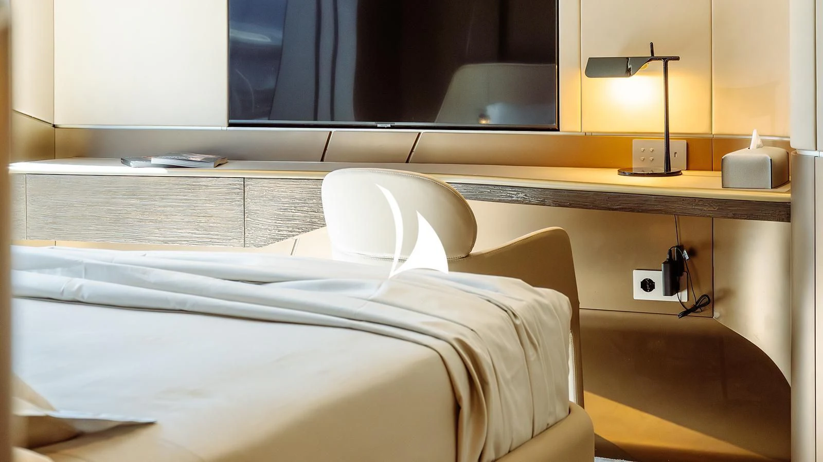 a bed with a white sheet aboard THIS IS IT I Yacht for Sale