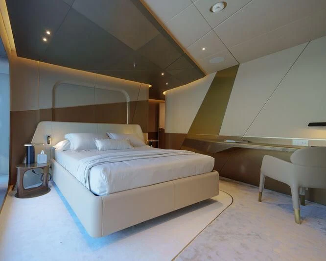 a bed in a room aboard THIS IS IT I Yacht for Sale