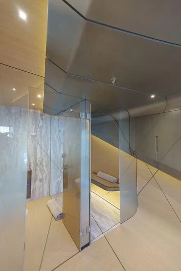 a hallway with a glass door aboard THIS IS IT I Yacht for Sale