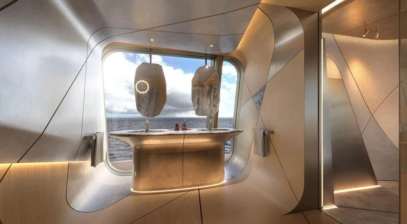 a view of a room with a mirror and a table aboard THIS IS IT I Yacht for Sale