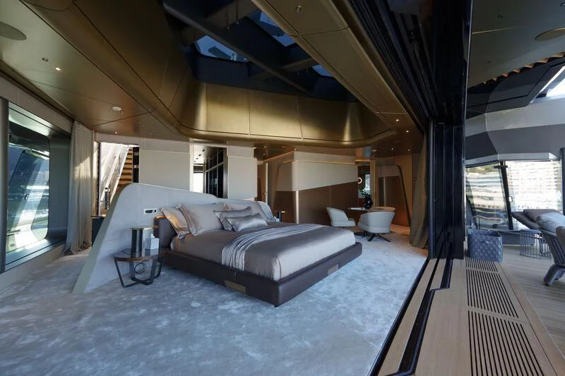 a large bedroom with a large bed aboard THIS IS IT I Yacht for Sale