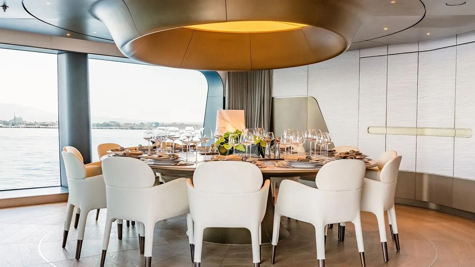 a table with many glasses on it aboard THIS IS IT I Yacht for Sale