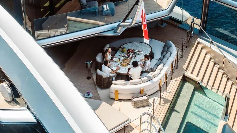 a group of people sitting at a table on a boat aboard THIS IS IT I Yacht for Sale