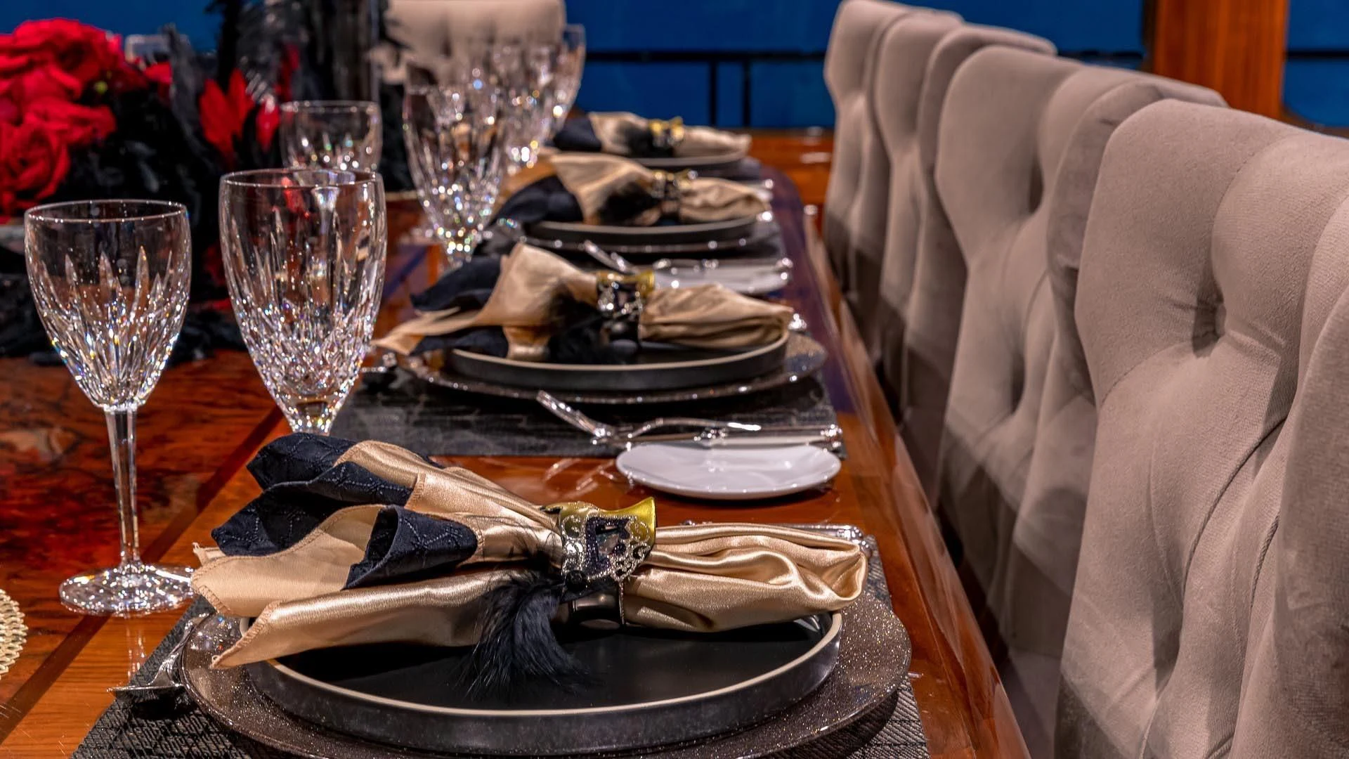 a table with food and wine aboard AMORE Yacht for Charter