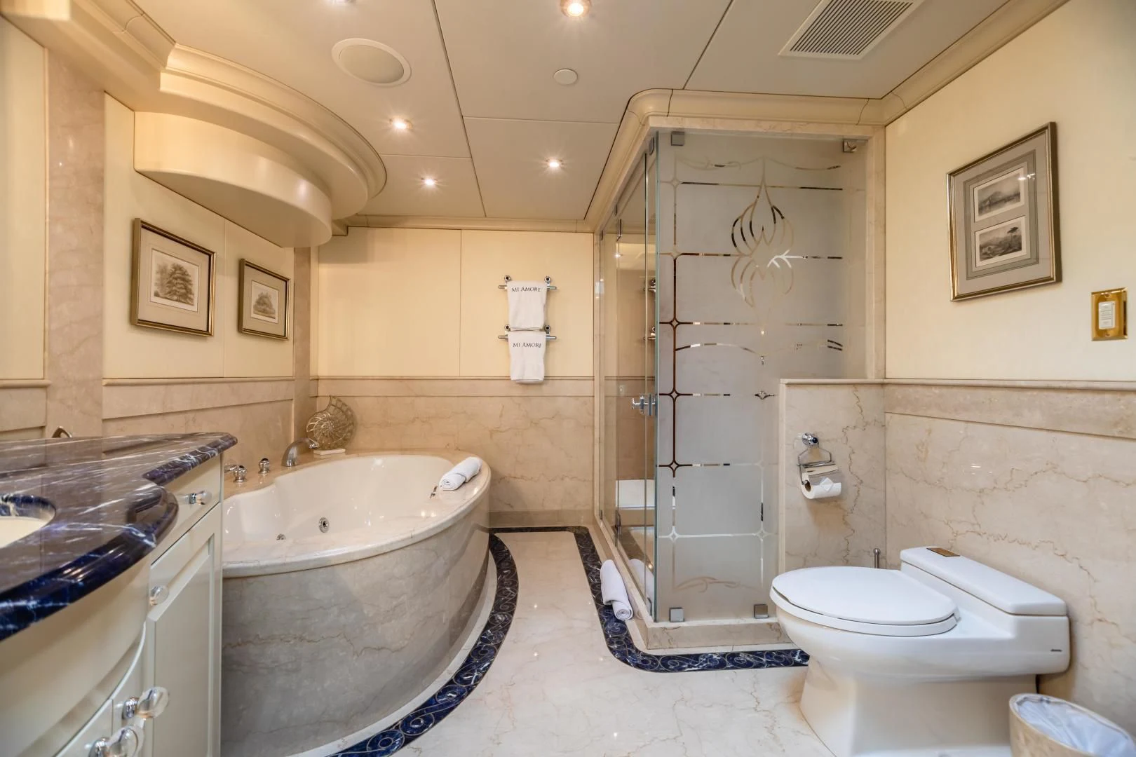 a bathroom with a tub toilet and sink aboard AMORE Yacht for Charter