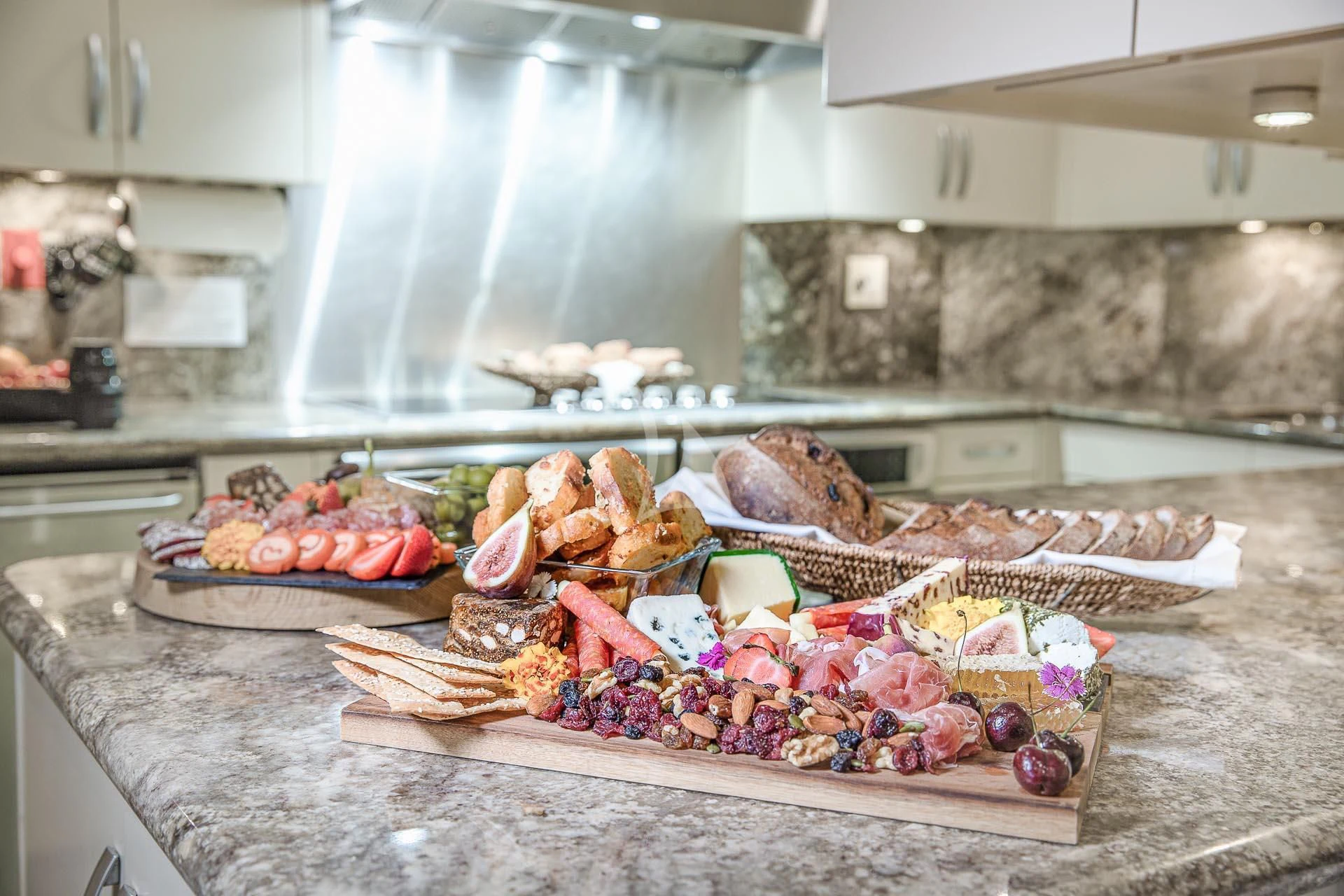 a counter top with food on it aboard AMORE Yacht for Charter