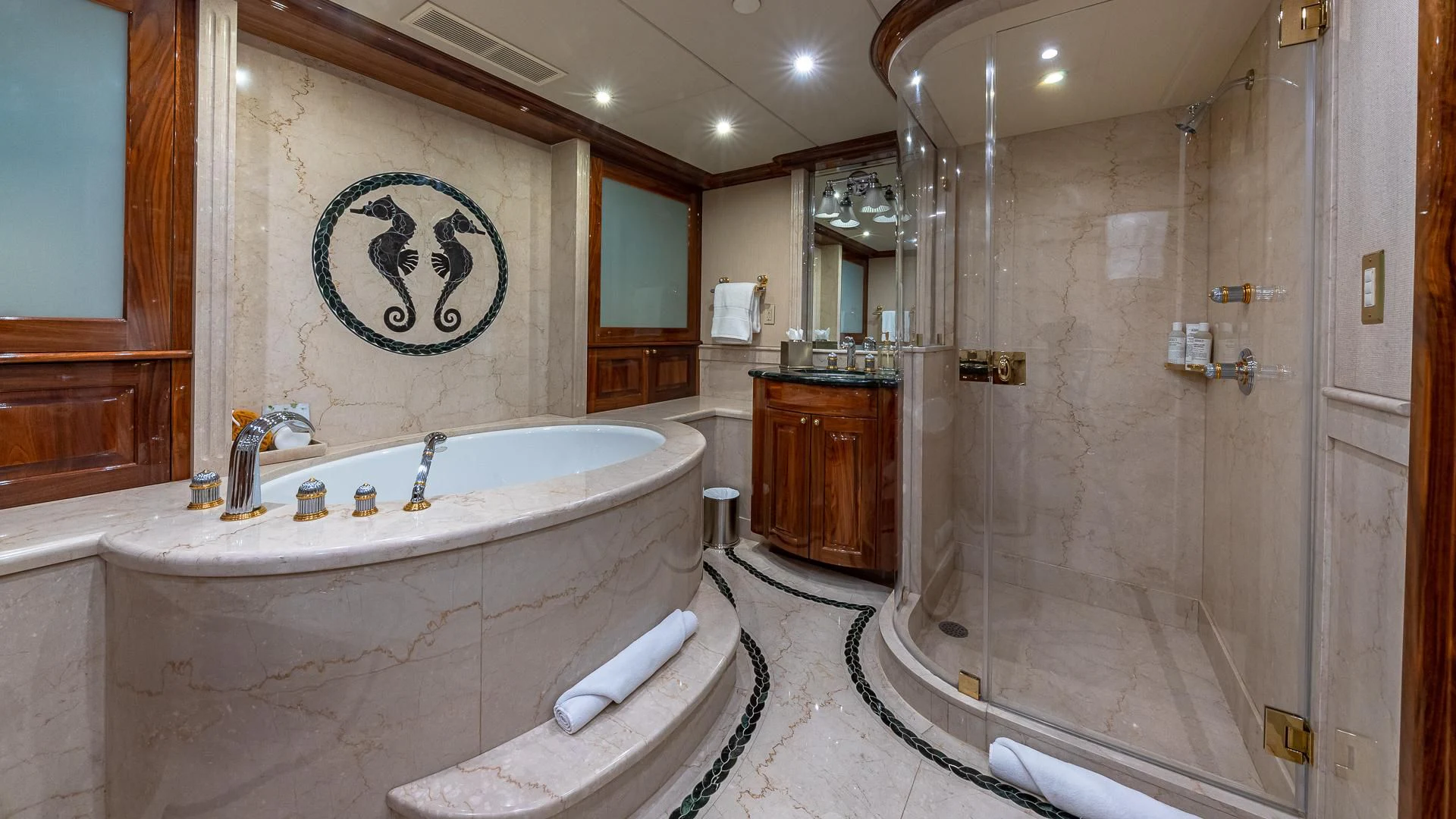 a bathroom with a bathtub and a shower aboard AMORE Yacht for Charter