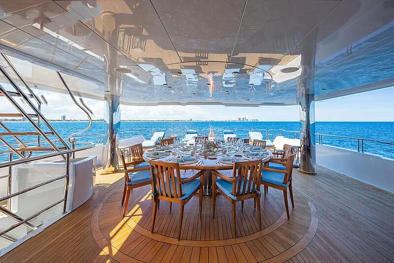 a table set for a meal on a deck aboard AMORE Yacht for Charter