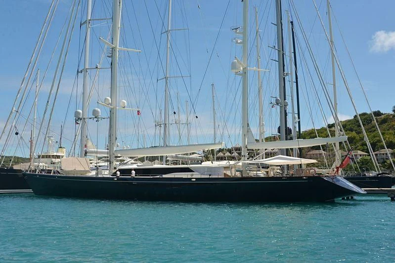 a boat docked at a pier aboard SQUALL Yacht for Sale