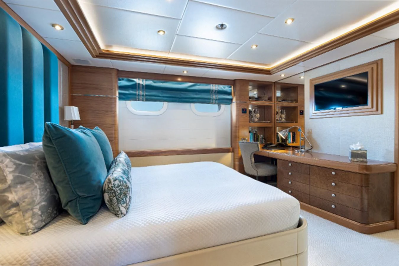 a bed in a room aboard VIBRANCE Yacht for Sale