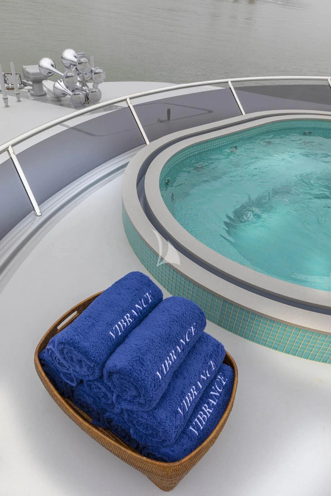 a towel on a towel by a bathtub aboard VIBRANCE Yacht for Sale