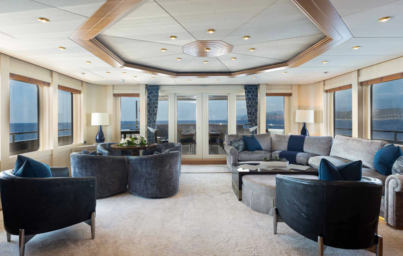 a large living room with a large open floor plan aboard VIBRANCE Yacht for Sale