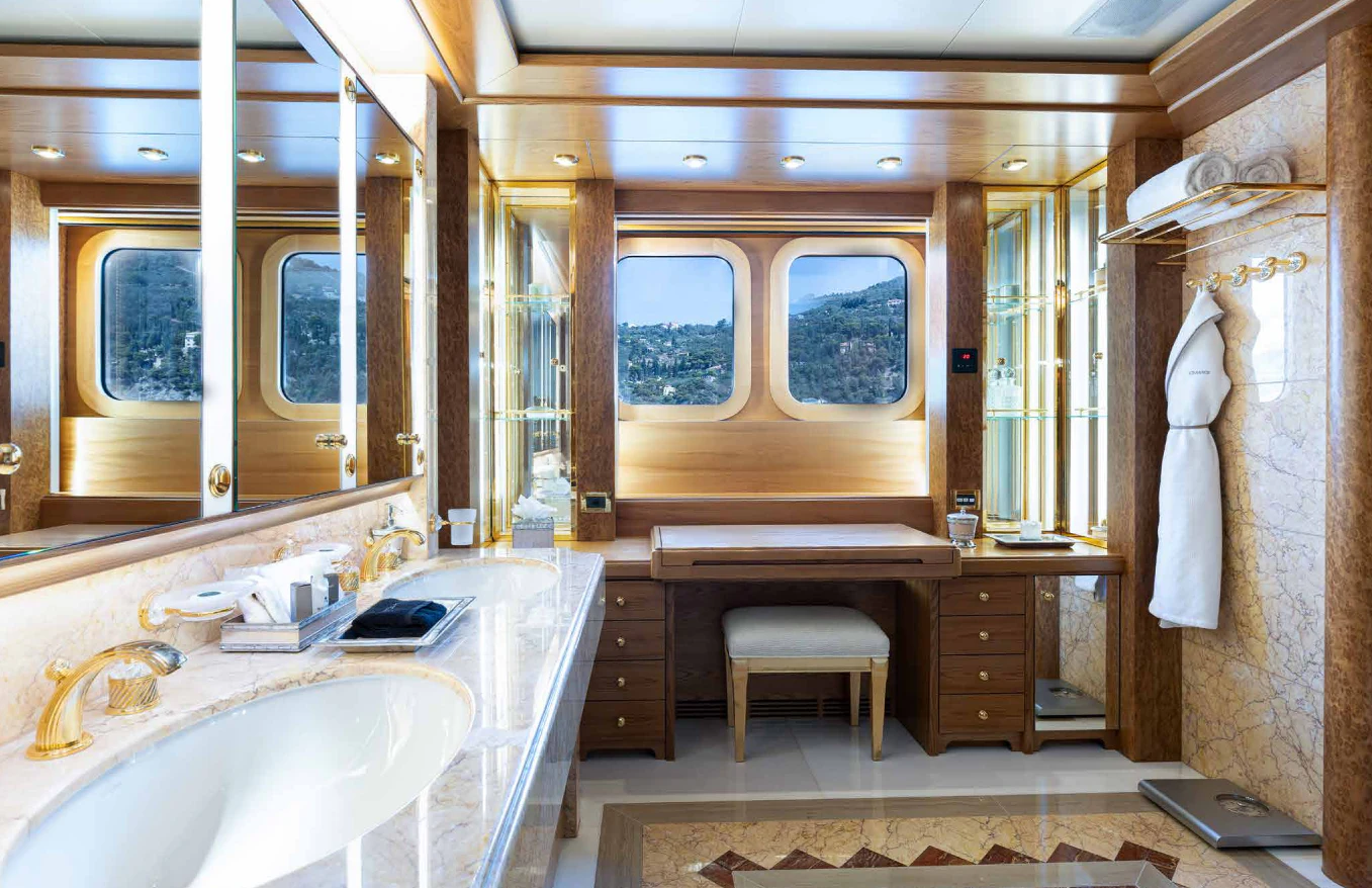 a bathroom with a sink and a mirror aboard VIBRANCE Yacht for Sale