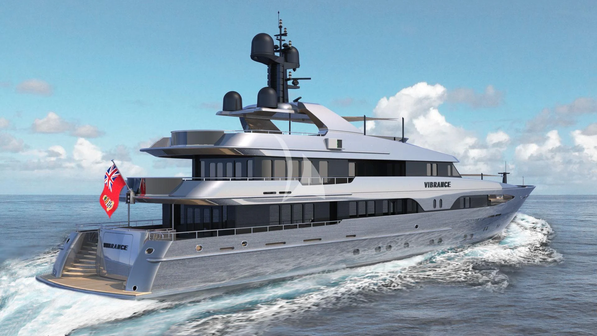 a large boat on the water aboard VIBRANCE Yacht for Sale
