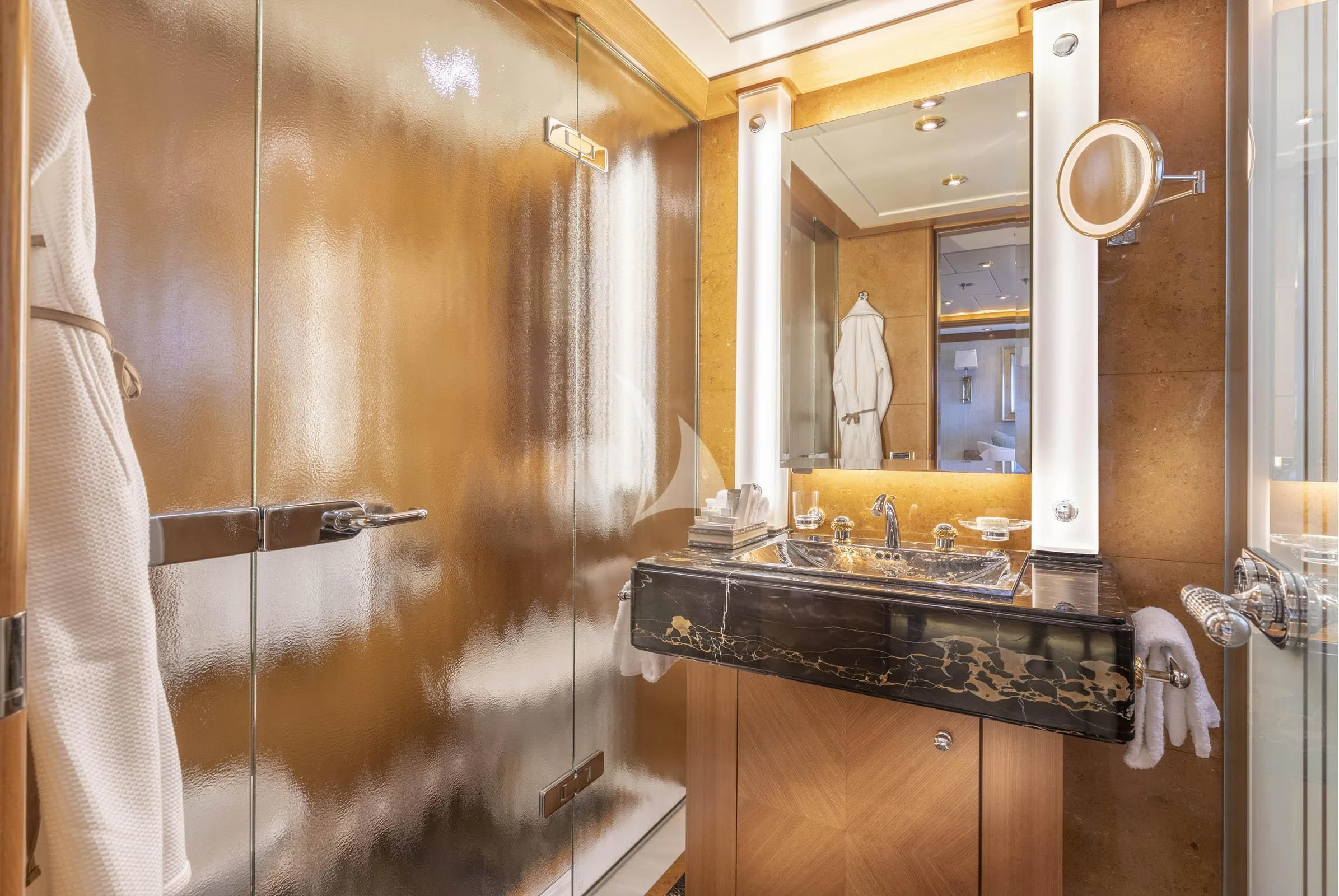 a bathroom with a large mirror aboard VIBRANCE Yacht for Sale