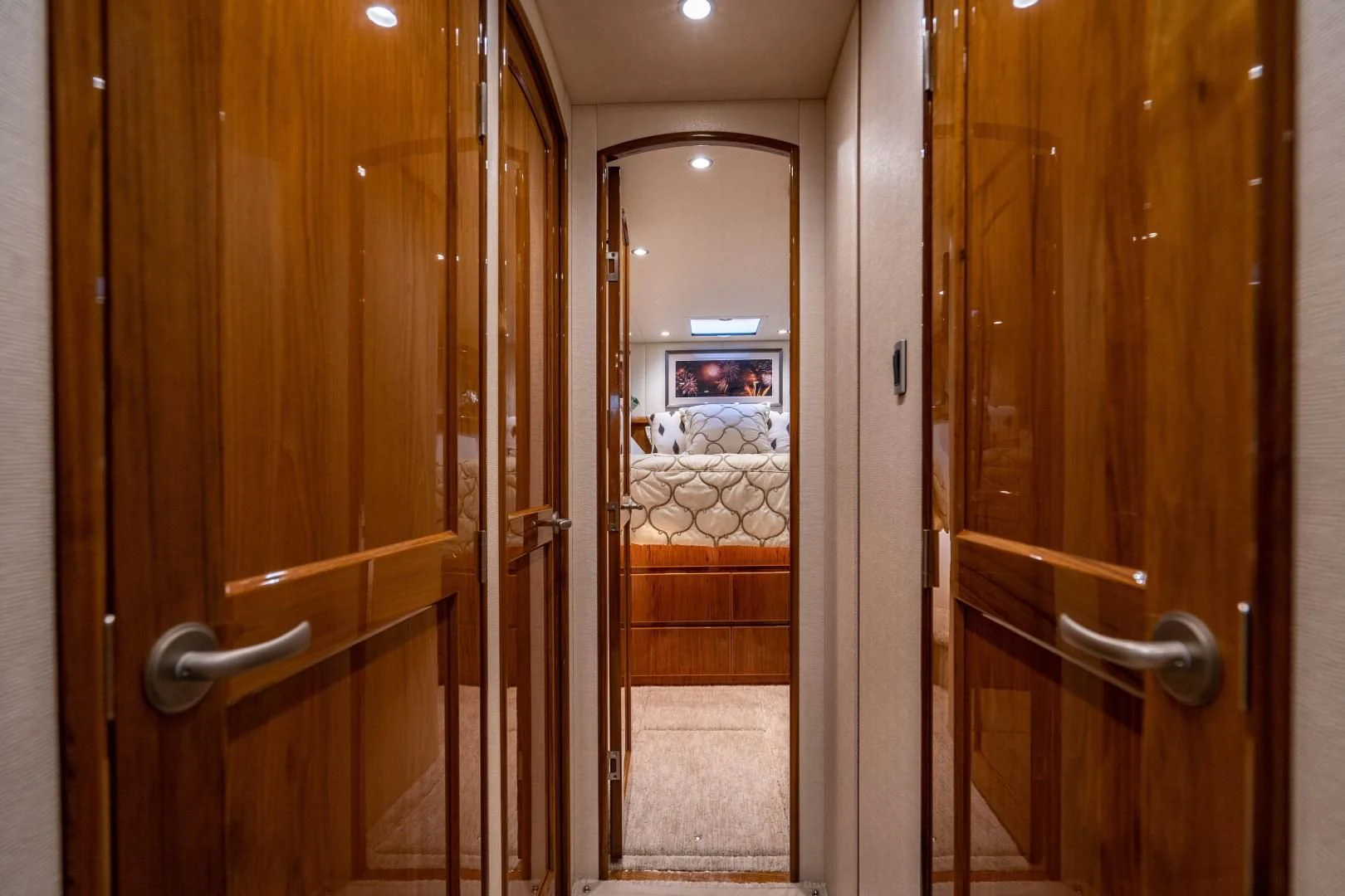a bathroom with a large mirror aboard PLAN B Yacht for Sale