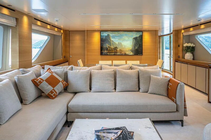 a couch with pillows aboard SOUTH SEA Yacht for Sale
