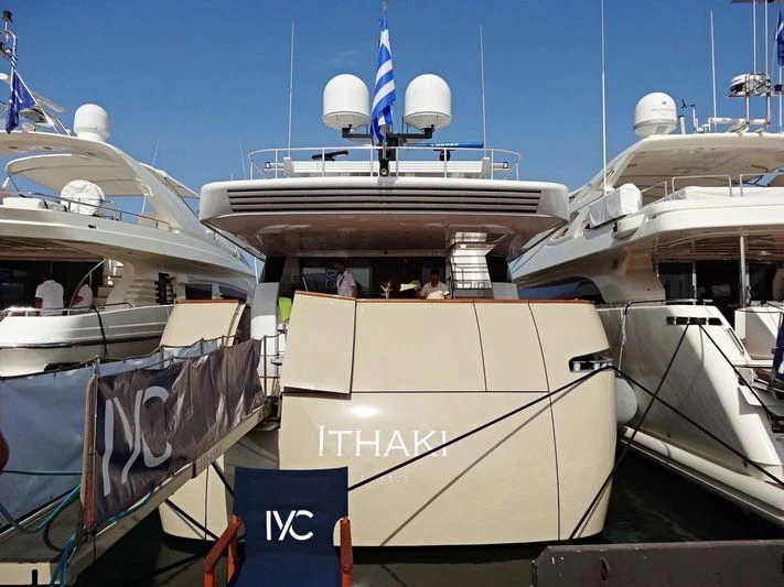 a boat with a sign on the front aboard LOANA Yacht for Sale