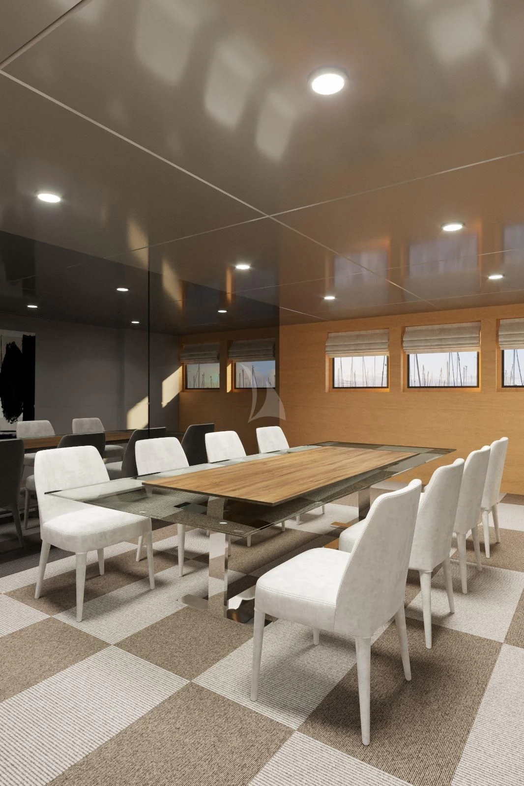 a room with tables and chairs aboard LOANA Yacht for Sale