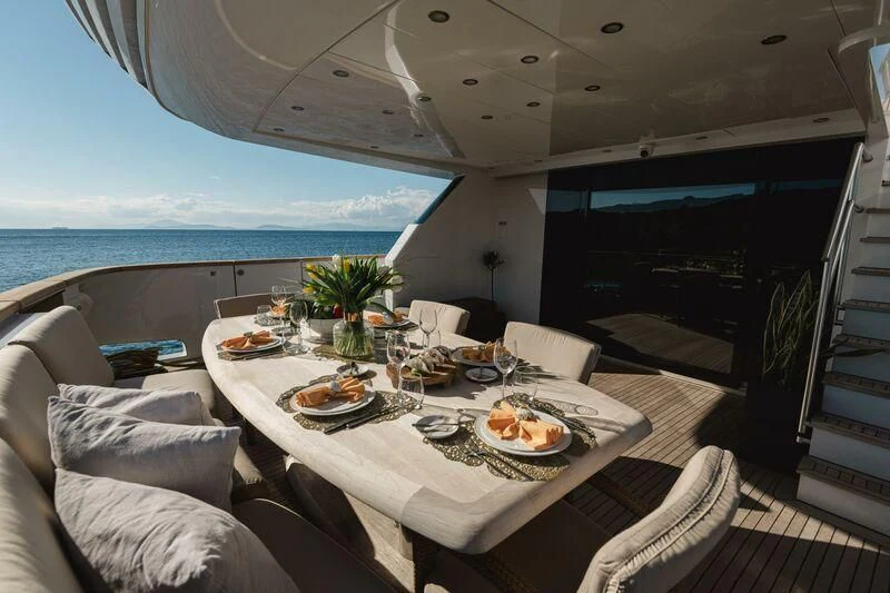 a table with plates and food on it aboard LOANA Yacht for Sale