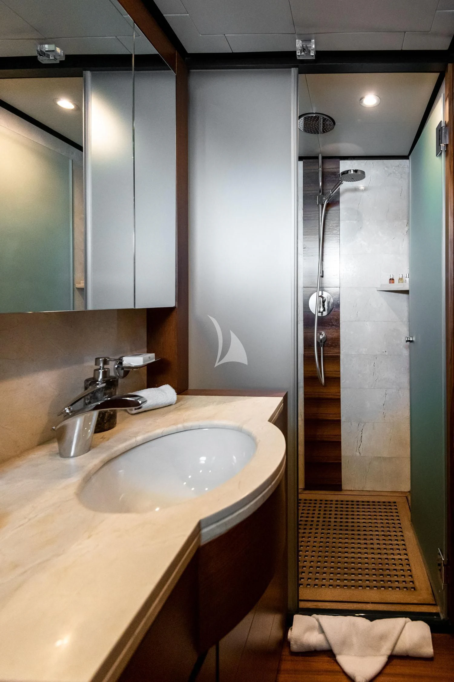 a bathroom with a sink and shower aboard LOANA Yacht for Sale