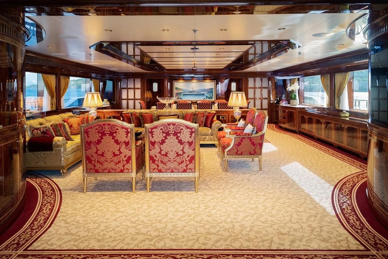 a large living room with a large window aboard COCKTAILS Yacht for Sale