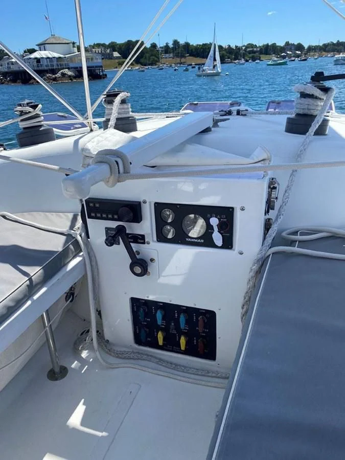 a white boat with black text on it aboard ROUTE 66 Yacht for Sale