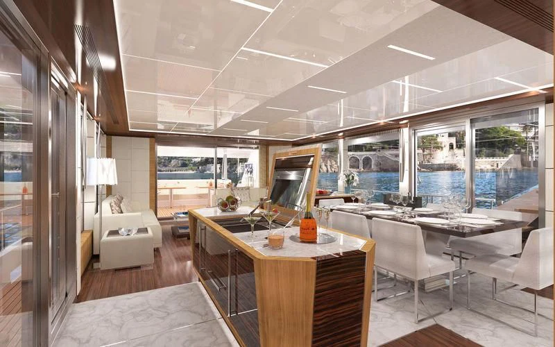 a room with a table and chairs aboard VOYAGER Yacht for Sale