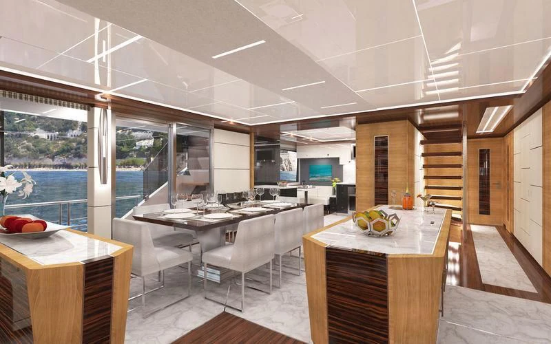 a modern kitchen with a large window aboard VOYAGER Yacht for Sale