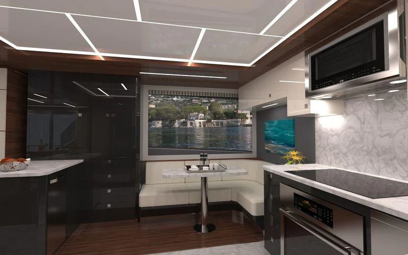 a room with a large window and a table with chairs and a tv aboard VOYAGER Yacht for Sale