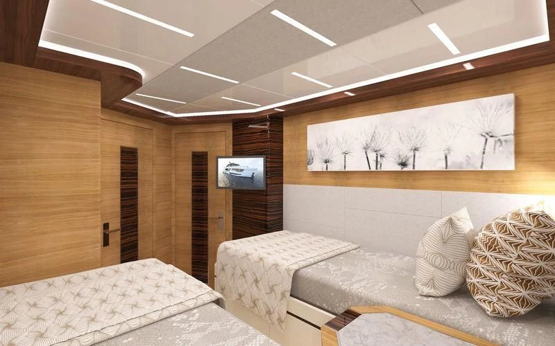 a room with two beds aboard VOYAGER Yacht for Sale