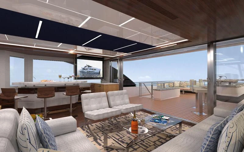 a living room with a large window aboard VOYAGER Yacht for Sale
