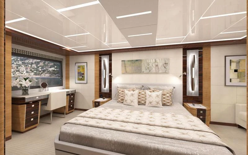 a large bedroom with a large bed aboard VOYAGER Yacht for Sale