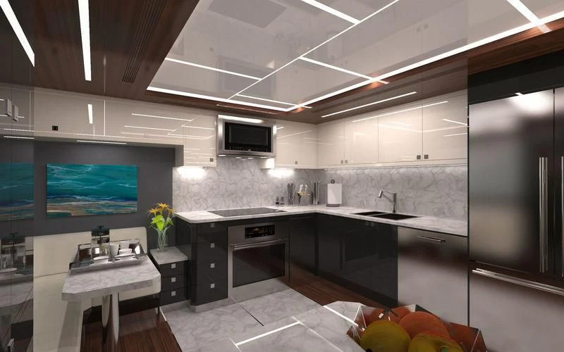 a kitchen with a large tv aboard VOYAGER Yacht for Sale