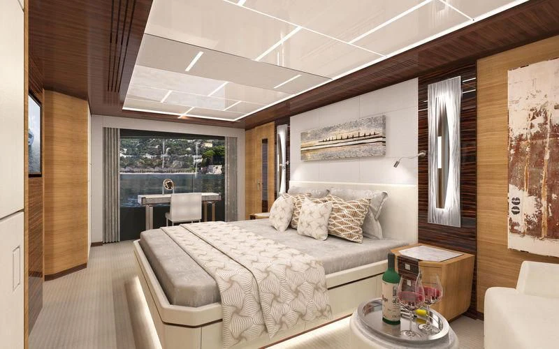 a bed in a room aboard VOYAGER Yacht for Sale