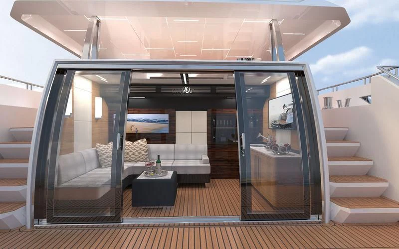 a room with a bed and a couch aboard VOYAGER Yacht for Sale