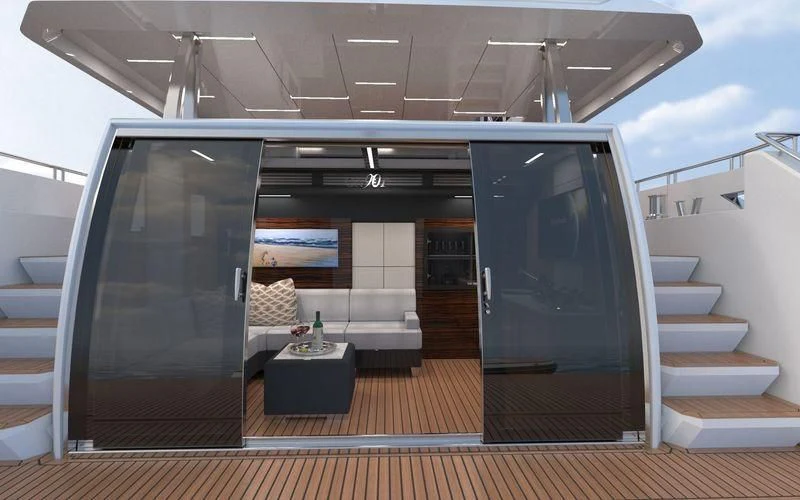 a room with a sliding door aboard VOYAGER Yacht for Sale