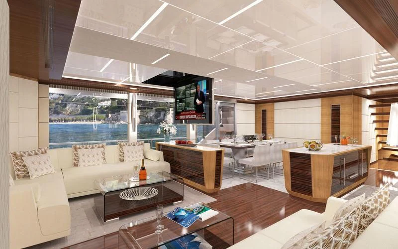 a living room with a large window aboard VOYAGER Yacht for Sale