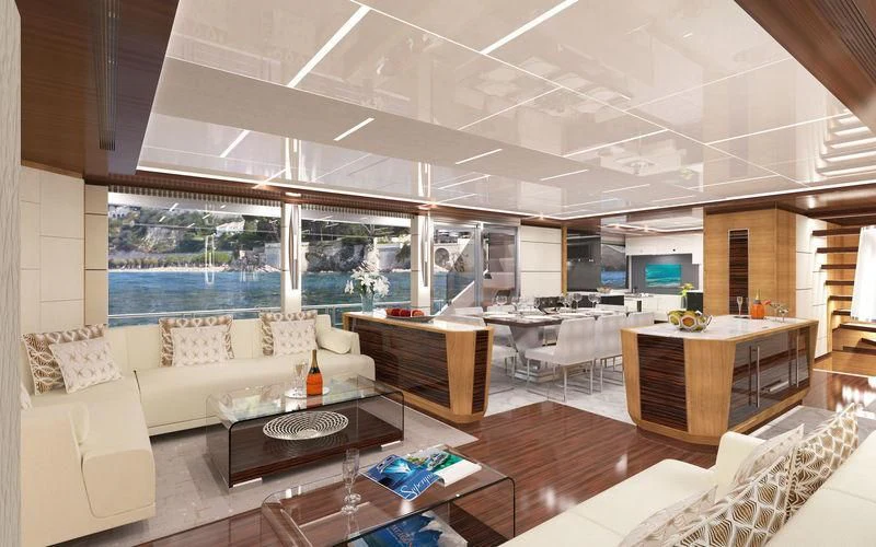 a living room with a large window aboard VOYAGER Yacht for Sale
