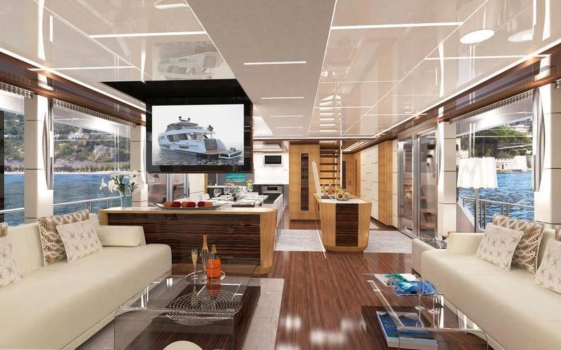 a living room with a large tv aboard VOYAGER Yacht for Sale