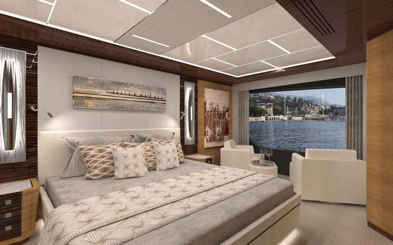 a bedroom with a large bed aboard VOYAGER Yacht for Sale